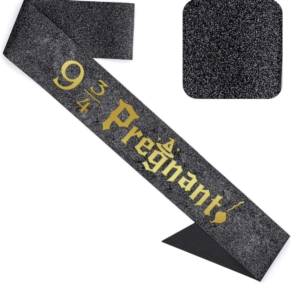 9 Months Pregnant Gold Lettering Glitter Black Sash 9 3/4 Pregnant Sash Black